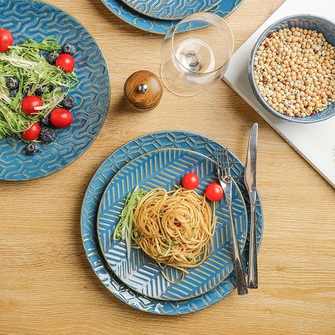 Sureasy 12-Piece Ceramic Dinnerware Set for 4 - Embossed Plates and Bowls Sets Scratch Resistant Dish Set Microwave Oven &amp Dishwasher Safe Blue
