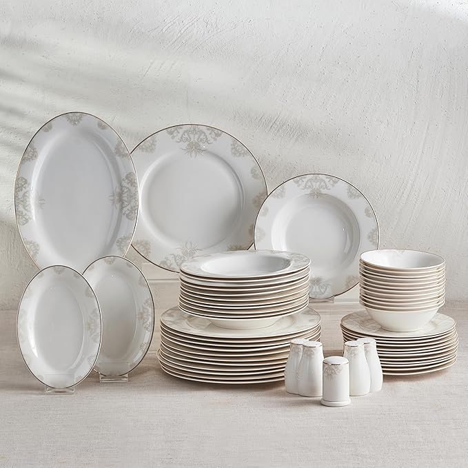 Karaca Siena Dinner Sets for 12 People 56-Piece Luxury Dinner Sets with Gold Trim Dinner Plates Pasta BowlsSalad/Cereal/Soup BowlsSide PlatesServing PlattersWhite Porcelain Dinnerware Sets
