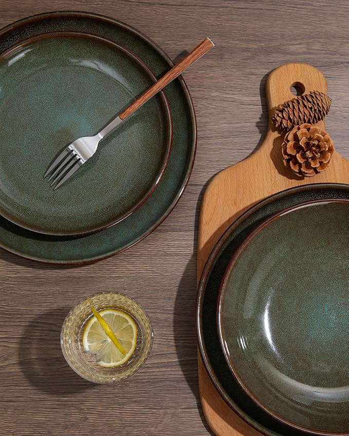 12 Piece Dinnerware Sets with Pasta Bowls Stain Resistant Dish Set Easy Cleaning Dishes Multi-Functional Plate and Bowl Set Stack Compactly Plates Service for 4 Sage Green