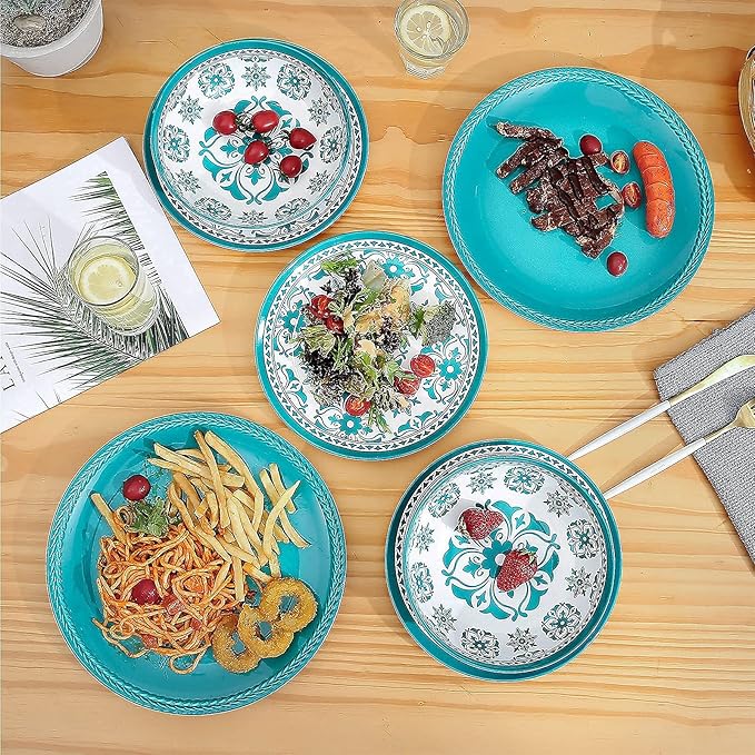 Webbylee Melamine Dinnerware Set12-Piece Plate and Bowl SetsUnbreakable Dish Set Service for 4–Dishwasher Safe&ampLightweight DishesGreen Dinnerware for Indoor/Outdoor Use Gift