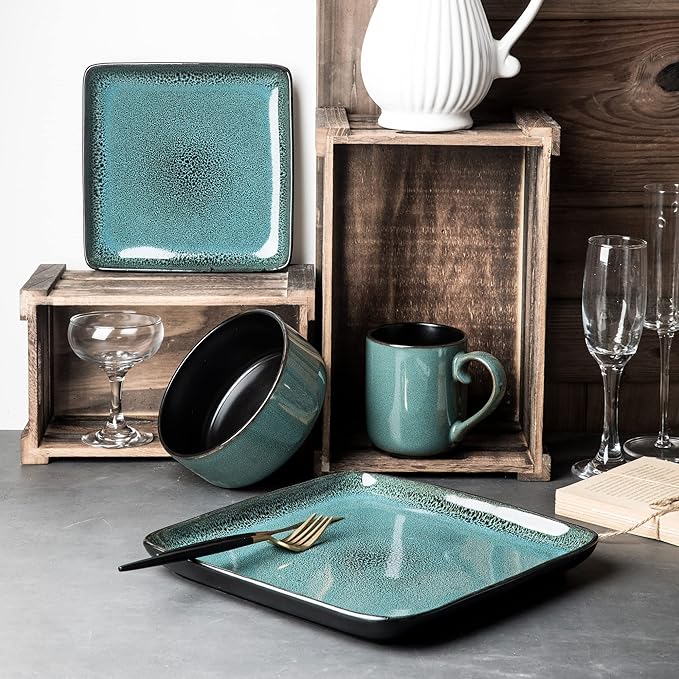 FLACKAR Square Stoneware Dinnerware Set for 4 Dinner Plates Side Plates Cereal Bowls Mugs - Reactive Glaze Turquoise (497248) 16 Count (Pack of 1)