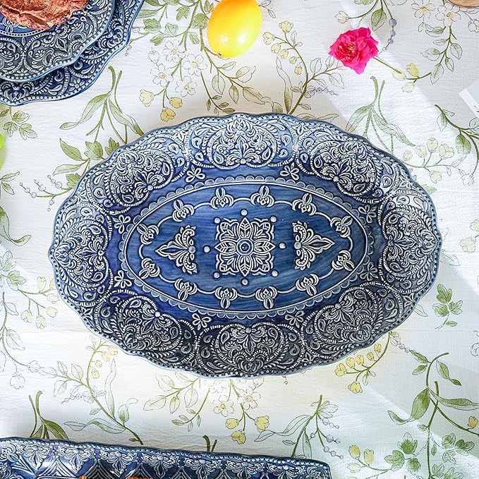Sungmor Embossed Stoneware Fine Dining Dinnerware Antique Baroque Style Porcelain Serving Platter Set of 2 &amp 16 Inch Oval Large Serving Plates Sophisticated Ceramic Serving Dish Party Table Dec