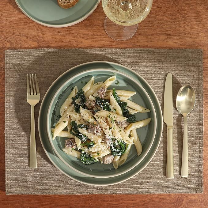 Gibson Elite Liberty Bay 16-Piece Pottery Clay Stoneware Dinnerware Set – Mint Green Reactive Glaze Stackable Plates and Bowls W/Pasta Bowl Service for 4 – Microwave &amp Dishwasher Safe