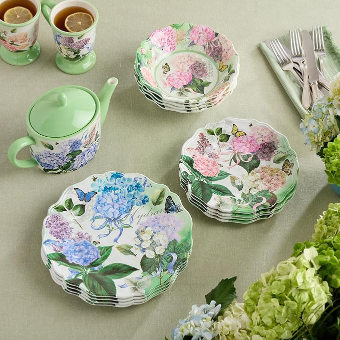 Garden Path Melamine 12-Piece Dinnerware Set - Hydrangea Design Service for 4 with Dinner Plates Salad Plates and Bowls - Durable Lightweight and Dishwasher-Safe