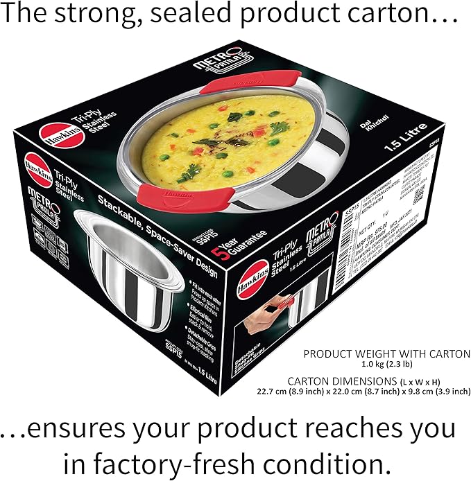 Hawkins 1.5 Litre Metro Patila Triply Stainless Steel Tope Induction Bhagona Tapeli Silver (SSP15)
