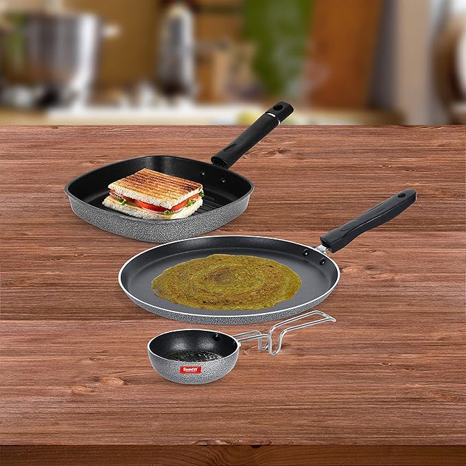 SUMEET NonStick Grau Aluminium Cookware Set (Dosa Tawa - 26.5Cm Grill Pan-22cm Waghariya/Tadka pan - 190Ml - 10Cm) - Silver