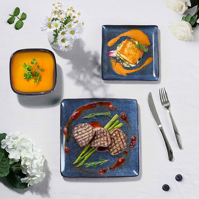 Herogo 12 Pieces Square Stoneware Dinnerware Set Service for 4 Dinner Plates and Bowls Sets Double Reactive Glaze Dishes Set for Kitchen Scratch Resistant Dishwasher Safe Starry Blue