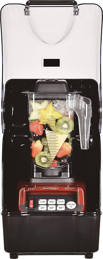 OmniBlend Omni-Q Commercial Blender with Full Sound Enclosure Shield Quiet Heavy Duty 3-Speed Self-Cleaning Includes Multifunctional 2-in-1 Wet Dry Blades 1.5 Liter Jar (Maroon)