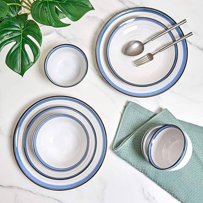 Sango Siterra Santorini 16-Piece Stoneware Dinnerware Set for 4 Ceramic White Plates and Bowls Sets with Blue Rim &amp Reactive Glaze Chip Resistant Dish Set Microwave &amp Dishwasher Safe Kitche