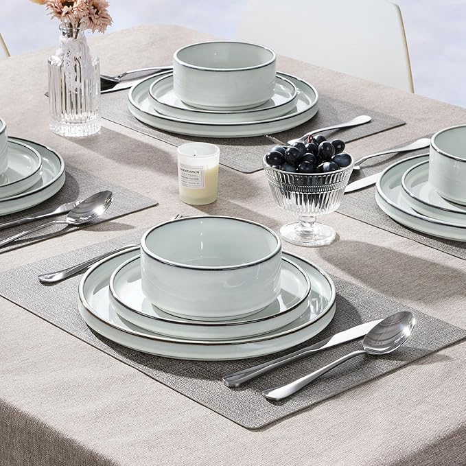 Herogo Plates and Bowls Dinner Dishes Sets for 6 18 Pieces Ceramic Stoneware Dinnerware Set Rustic Terracotta Bottom Dishwasher &amp Microwave Safe Icy White