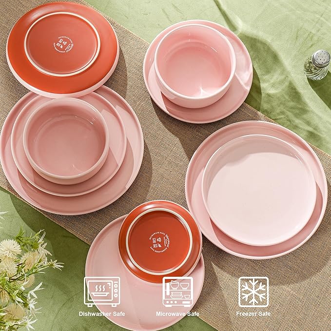 Plates and Bowls Sets 12 Piece Ceramic Dinnerware Set for Family and GatheringsDishes Set for 4Dishwasher &amp Microwave Safe Handcrafted Dishware SetsElegant Pink