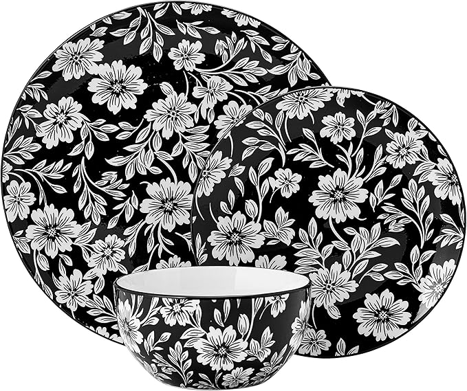 Pfaltzgraff Midnight Blooms 12 Piece Floral Stoneware Dinnerware Plate Bowl Dish Set Service for 4 Black