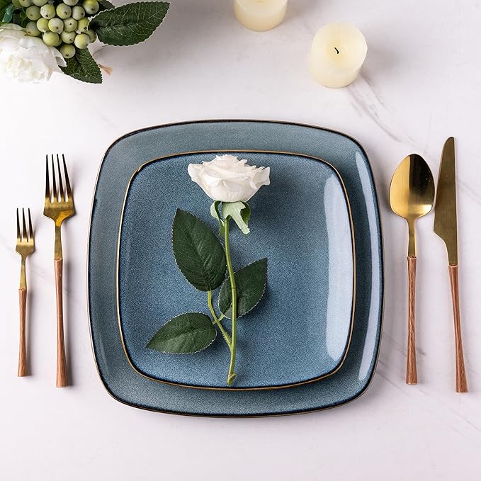 AmorArc Ceramic Dinnerware Sets for 4 12 Pieces Square Handpainted Plates and Bowls Set Chip and Scratch Resistant Stoneware Dishes Set Dishwasher &amp Microwave Safe Ocean Blue