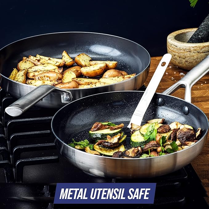 Blue Diamond Cookware Tri-Ply Stainless Steel Ceramic Nonstick 6 Piece Cookware Pots and Pans Set PFAS-Free Multi Clad Induction Dishwasher Safe Oven Safe Silver