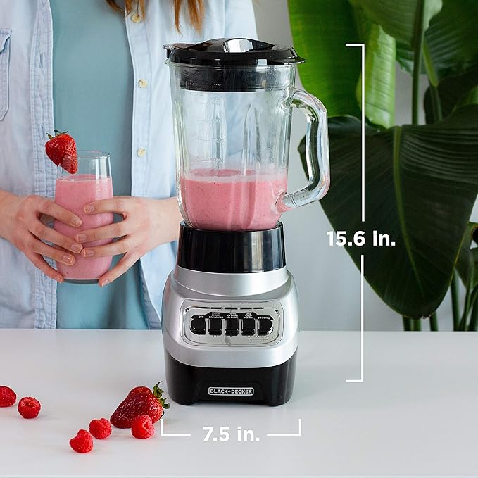 BLACK+DECKER PowerCrush Multi-Function Blender with 6-Cup Glass Jar 4 Speed Settings Silver