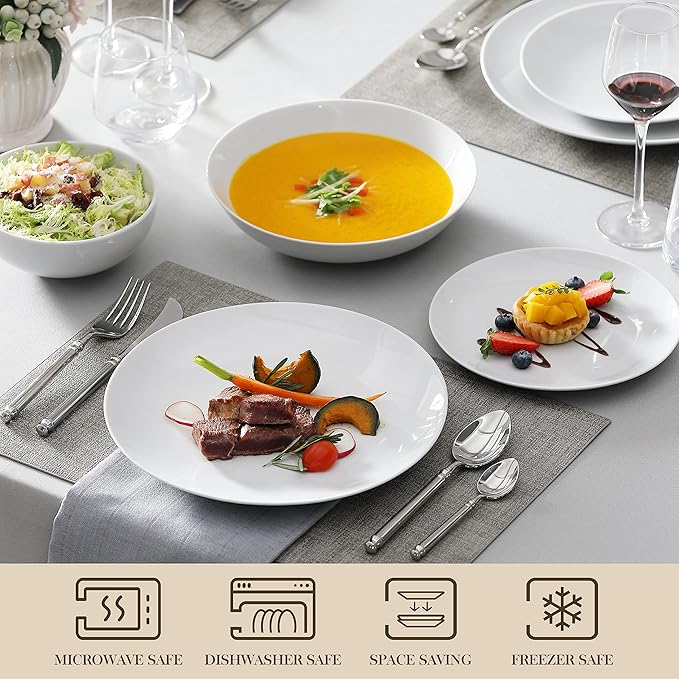 MALACASA 24-Piece Gourmet Porcelain Dinnerware Sets Modern White Round Dish Set for 6 - Premium Serving Plates and Bowls Sets for Dessert Salad Soup Pasta - Series AMELIA