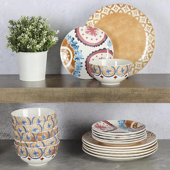Spice by Tia Mowry Savory Saffron Decorated Coupe Porcelain Chip and Scratch Resistant Dinnerware Set Honey Gold 18-Piece