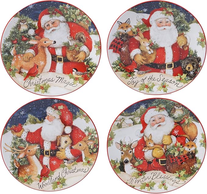 Magic of Christmas 16pc Ceramic Dinnerware Set – Santa and Woodland Animals Holiday Plates Bowls &amp Mugs Dishwasher &amp Microwave Safe Festive Christmas Tableware