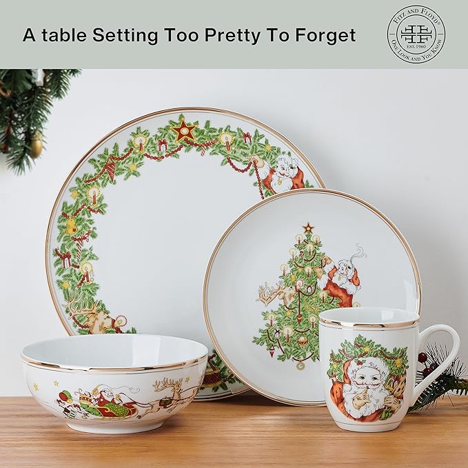 Fitz and Floyd St. Nicholas Gold Banded Holiday 16 Piece Dinnerware Set Service for 4