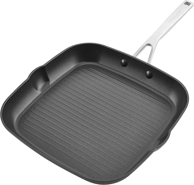 KitchenAid Hard Anodized Induction Nonstick Square Grill Pan/Griddle with Pouring Spouts 11.25 Inch Matte Black