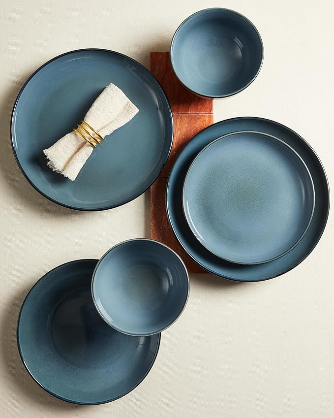 24 Piece Dinnerware Set for 8 Santorini Mist Terracotta Plates and Bowls Sets Complete Stoneware Dish Set for Large Families and Entertaining Microwave &amp Dishwasher Safe Jeans Blue