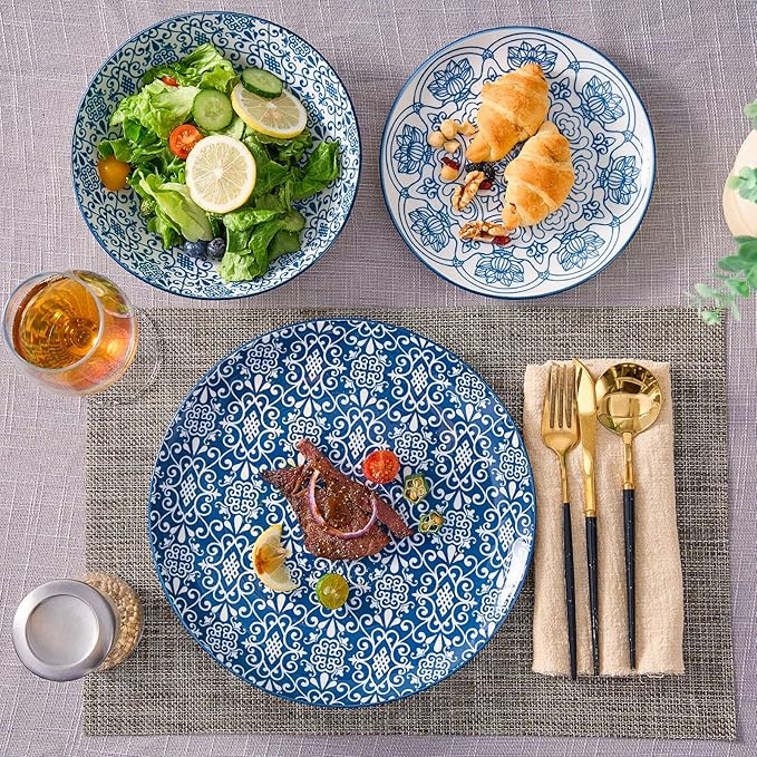 Bestone Porcelain Dinnerware Sets Service for 4 12 pcs Hand drawn Plates and Bowls Sets Handmade Ceramic Dish Set Chip Resistant Modern Plate Set Dishwasher/Microwave SafeVintage Blue