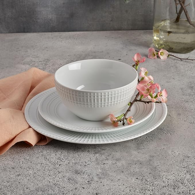 Everyday White Dillan 12 piece Dinnerware Plate Bowl Set Service for 4