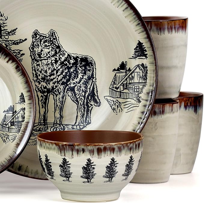 Unknown1 Winter Wolf 16 Piece Round Stoneware Dinnerware Set in Taupe Beige Animal Casual Microwave Safe Brown Medium