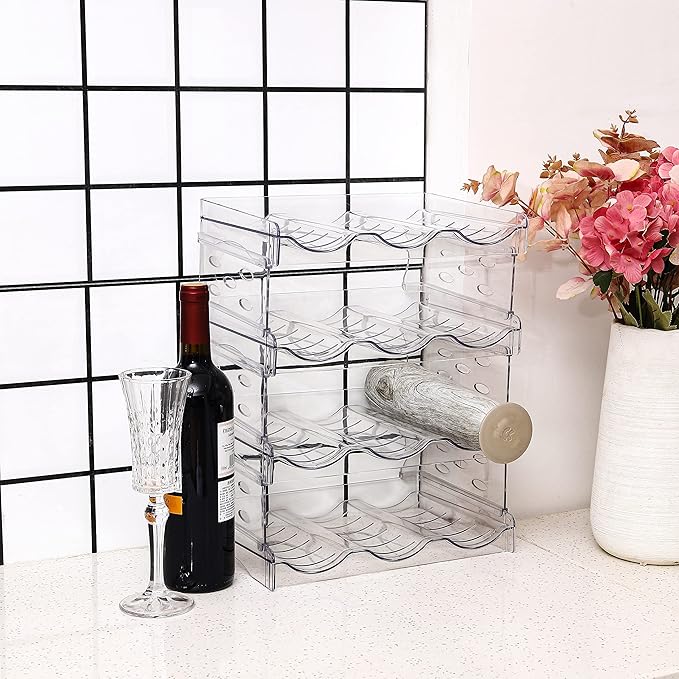 IEEK 4 Pack Stackable Wine and Water Bottle Holder Free-Standing Fridge Wine Bottle Organizers Clear Plastic Water Bottle Holder for CabinetRefrigeratorPantryKitchen CountertopsHolds 12 Bottles