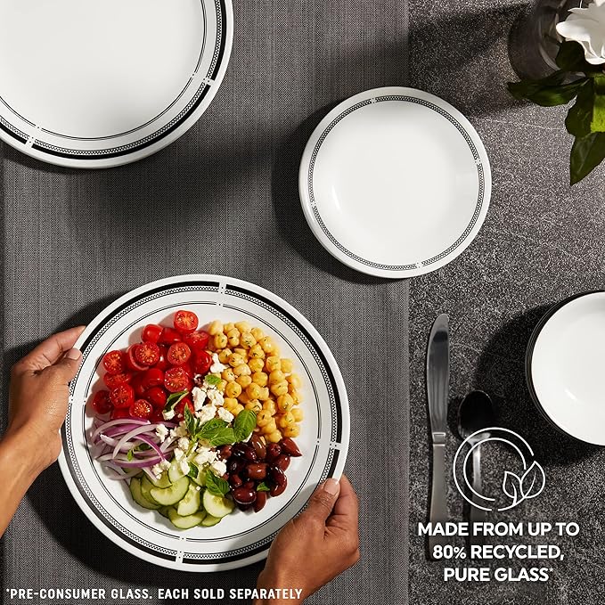 Corelle 18-Piece Round Dinnerware Set Service for 6 Lightweight Round Plates and Bowls Set Vitrelle Triple Layer Glass Chip and Scratch Resistant Microwave and Dishwasher Safe Brasserie