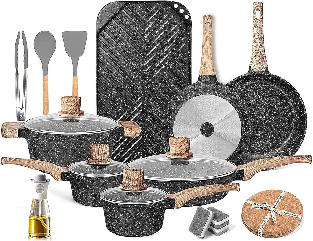 20 Pcs Pots and Pans Set Kitchen Nonstick Cookware Sets Granite Frying Pans for Cooking Marble Stone Kitchen Essentials Dishwasher SafeCompatible with All Stovetops (Granite-Black)