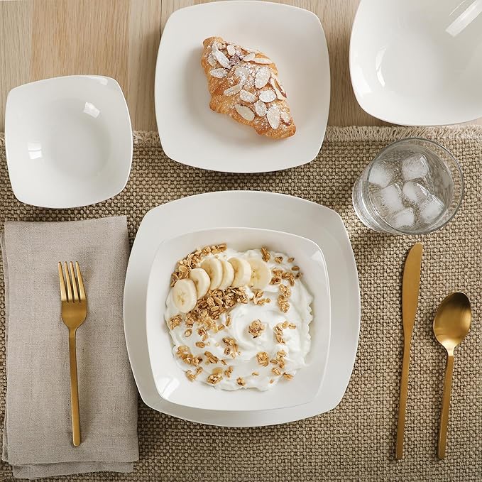 Gibson Home Brentwood 40-Piece Dinnerware Set – Square White Porcelain Plates and Bowls Service for 8 Dishwasher &amp Microwave Safe Modern Everyday Dinner Set with Cereal Dessert and Entrée Bow