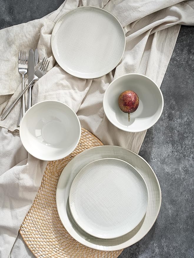 Famiware Moonlight Plates and Bowls Sets 12 Pieces Stoneware Dinnerware Sets with Linen Finish Handmade Dishware Set for 4 Microwave and Dishwasher Safe Chip and Scratch Resistant White