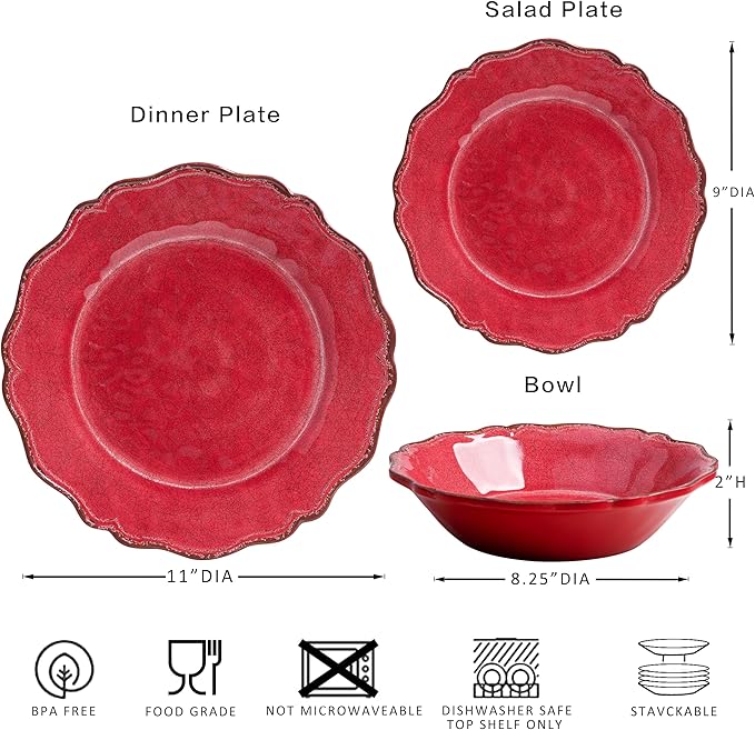 LEHAHA Farmhouse Red 12 Piece Melamine Dinnerware Sets For Indoor and Outdoor Use Rustic Dishes Dinnerware Sets with Bowls and Dinner/Dessert Plates BPA free Dinner Dishes Set Service for 4