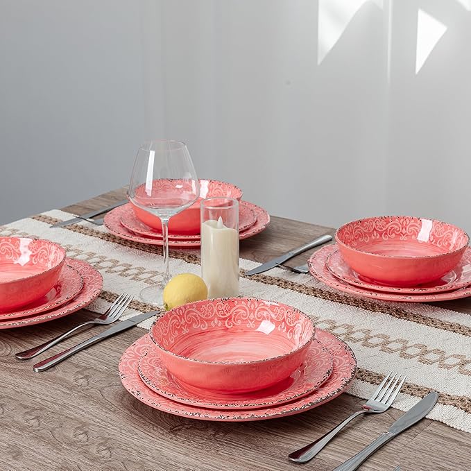 12-Piece Farmhouse Melamine Dinnerware Set Elegant Unbreakable plates and bowls sets BPA Free Dinner Dishes serving Set Service for 4 Perfect for Indoor/Outdoor Dining Peach pink Red