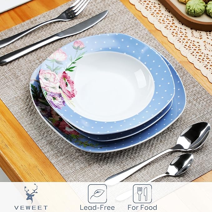VEWEET'Hannah' 18-Piece Dinner Set Porcelain Dinnerware Set for 6 People with 6 Dessert Plates 180 ml Soup and Dinner Plates
