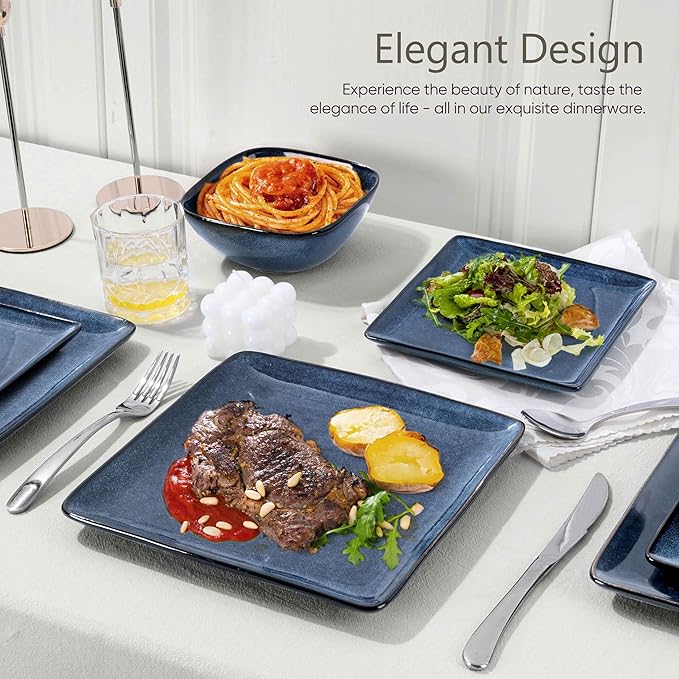 Herogo 12 Pieces Square Stoneware Dinnerware Set Service for 4 Dinner Plates and Bowls Sets Double Reactive Glaze Dishes Set for Kitchen Scratch Resistant Dishwasher Safe Starry Blue