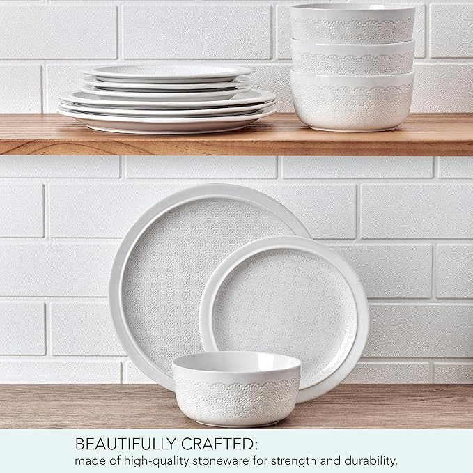 Pfaltzgraff Blooming Meadow 12 Piece Plates Bowls Dinnerware Set Service for 4 Cream