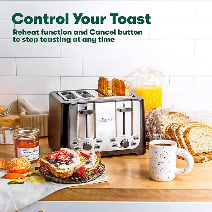 bella 4 Slice Toaster with Auto Shut OffExtra Wide Slots &amp Removable Crumb Tray and CancelDefrost &amp Reheat FunctionToast Bread-&amp BagelBlack(Pack of 2)