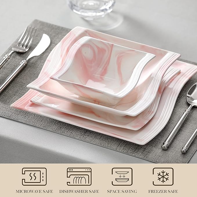 MALACASA Plates and Bowls Sets 26 Pieces Pink Dinnerware Sets for 6 Porcelain Dinnerware Set with Dinner Plates and Bowls Serving Platters Square Dishware Sets Modern Dish Set Series Flora