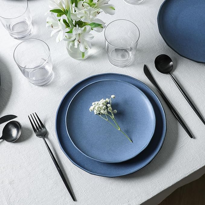 Stone Lain Rio Stoneware 32 Piece Dinnerware Set Blue Plates and Bowls Sets with Fluted Glass Cups Textured Dish Set for 8 Microwave &amp Dishwasher Safe