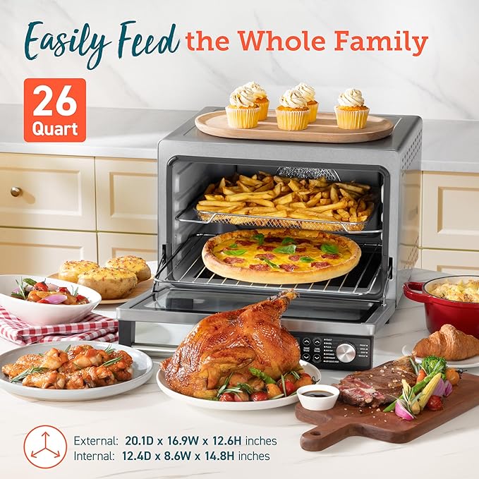 COSORI 11-in-1 Ceramic Air Fryer Toaster Oven Combo Flat-Sealed Heating Elements for Easy Cleanup Innovative Burner Function 5 Accessories &amp Recipes 26QT Silver Stainless Steel