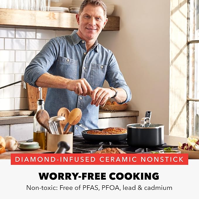 GreenPan x Bobby Flay 13 Piece Nonstick Cookware Pots and Pans Set PFAS-Free Diamond Ceramic Induction Suitable Easy Clean Dishwasher &amp Oven Safe Stay-Cool Silicone Handles Glass Lids Black