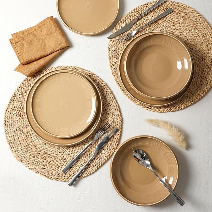 Earth &amp Clay Harmony 24-Piece Dinnerware Stoneware Plates and Bowls Set Includes Dinner and Salad Plates Cereal Bowls Dishwasher and Microwave Safe Dish for 8 Beige