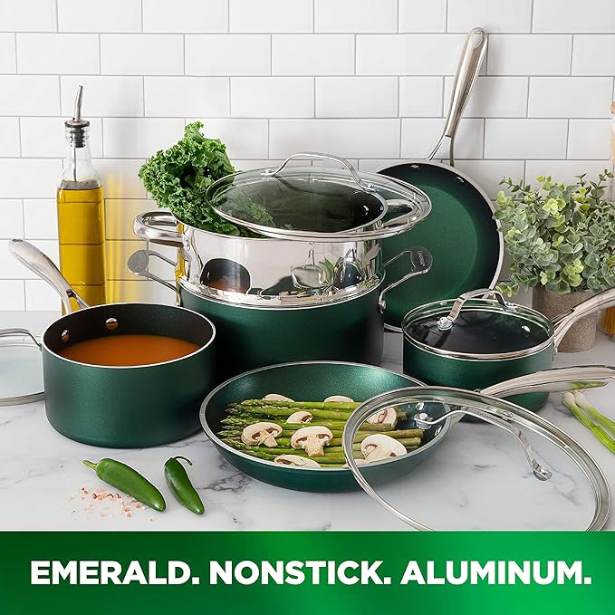Granitestone Diamond Granite Stone Classic Emerald Pots and Pans Set with Ultra Nonstick Durable Mineral &amp Diamond Tripple Coated Surface Stainless Steel Stay Cool Handles 10 Piece Cookware Gre