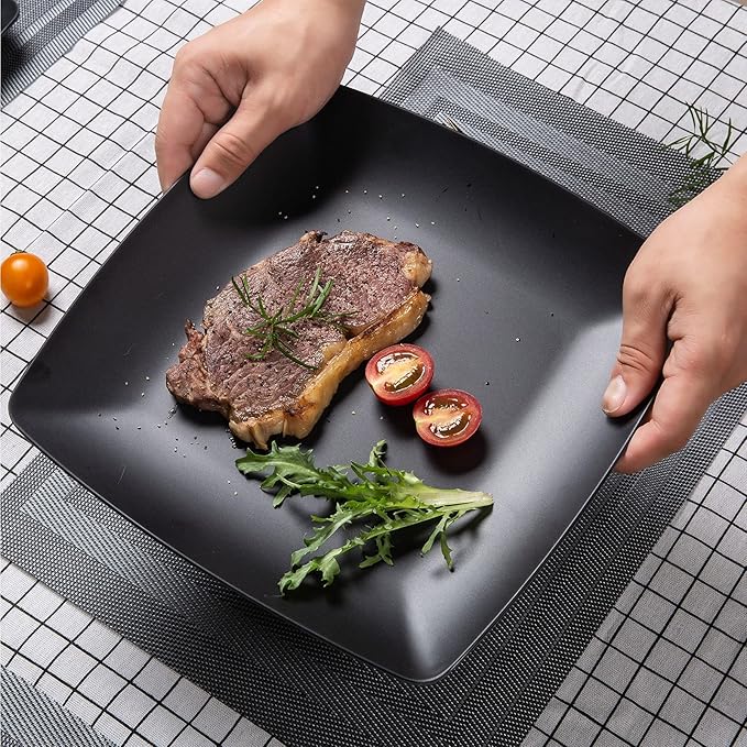 Melamine 12pcs Classic Square Dinnerware Set Concise Plates and Bowls Set Service for 4 Dishwasher Safe Black