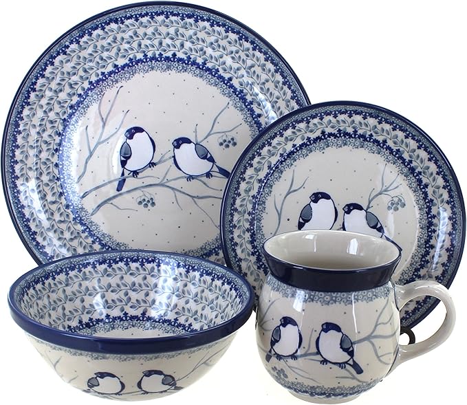 Blue Rose Polish Pottery - Bluebird 4 PC Place Setting - Service for 1-1 Place Setting - Great for Everyday Dining Casual Dining or as Formal Dinnerware