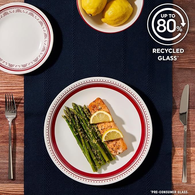 Corelle Everyday 18-PC Dinnerware Set Service for 6 Durable and Eco-Friendly Higher Rim Glass Plate &amp Bowl Set Microwave and Dishwasher Safe Sadie