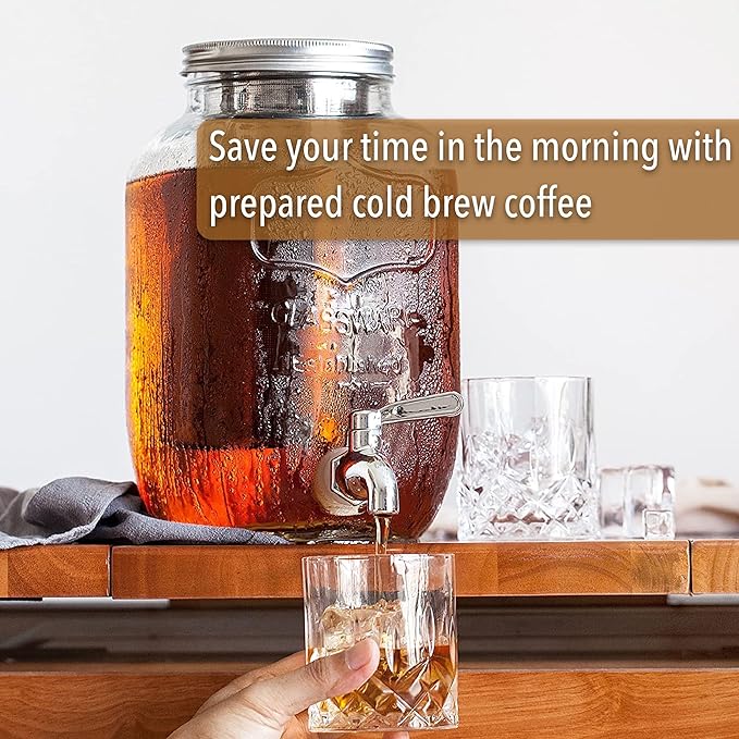BTaT- 1 Gallon Cold Brew Coffee Maker Thick Glass Pitcher with Stainless Steel Filter Lid &amp Spigot Iced Coffee &amp Sun Tea Brewer Large Mason Jar Cold Brew Container Fast Iced Tea Maker for