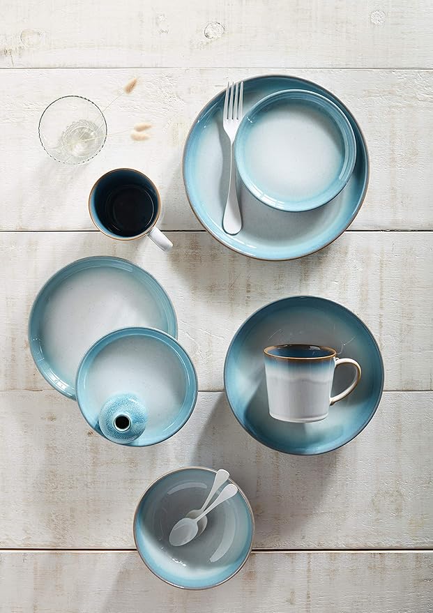 Denby - Azure Haze Blue Coupe Small Plates Set of 4 - Stoneware Ceramic Plates for Everyday Use - Dishwasher Oven Microwave and Freezer Safe - Blue White Reactive Gradient Glaze - Chip Resistant
